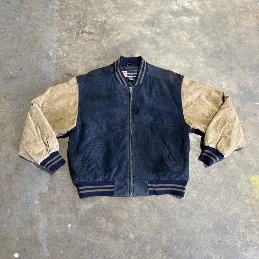 Vintage Free Country Navy & Brown Leather Canvas Varsity Jacket